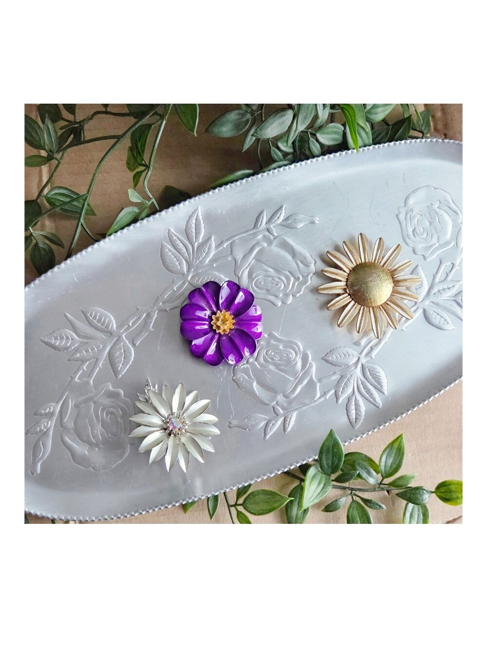Vintage mid-century modern floral embossed aluminum tray oval scalloped edge